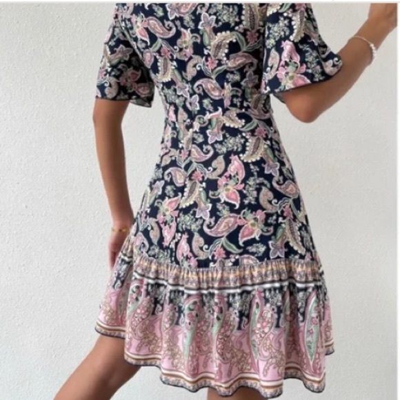 Boho navy Floral Paisley Print Butterfly Sleeve Mini Dress - Picture 7 of 12